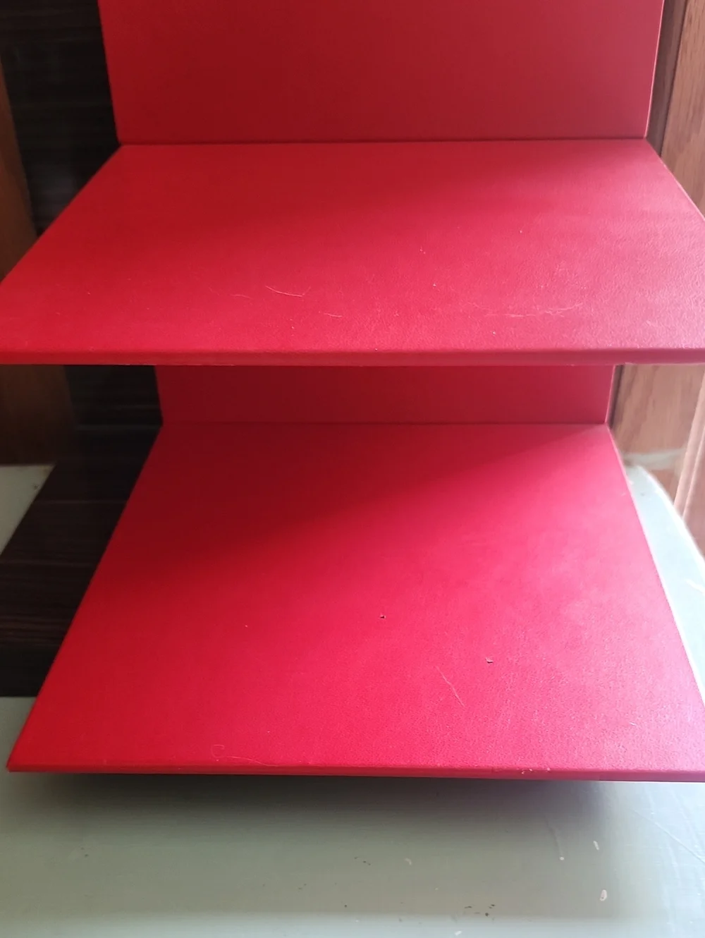 Carolina Herrera Red and Wood Two-Tier Display